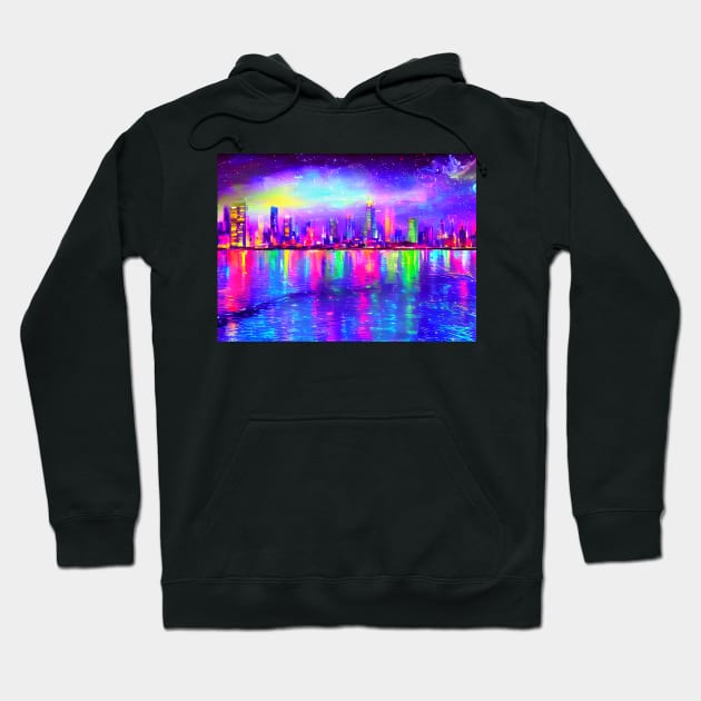 Neon glowing city Hoodie by Virtually River